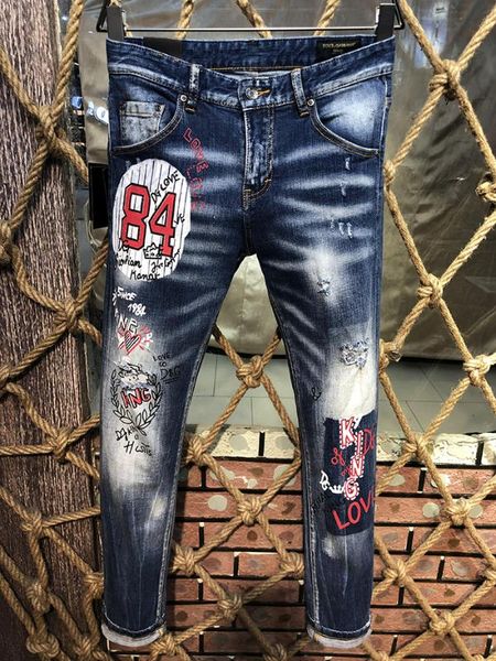 

2020 european brand men italy jeans pants men biker denim jeans straight trousers hole blue stripe pants for d15