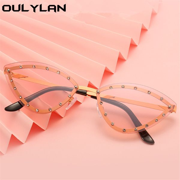 

sunglasses oulylan rimless diamond women design 2021 cat eye sun glasses ladies fashion vintage mirror eyeglasses, White;black