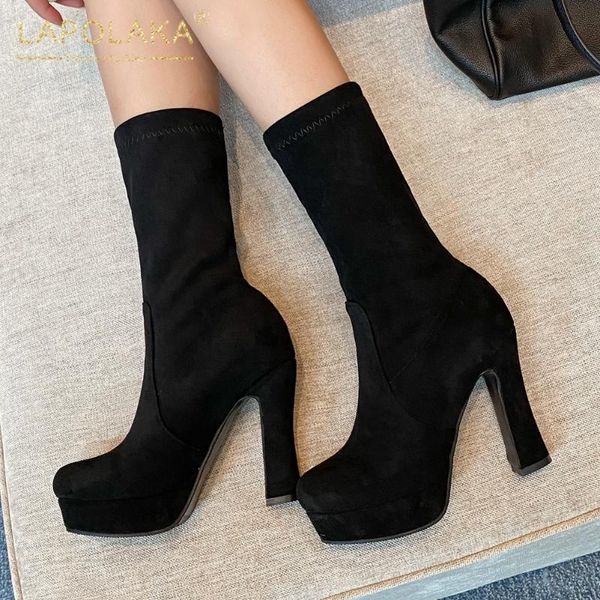 

lapolaka верхнего качества большие размеры 43 высокие каблуки женщина зимняя обувь женский мода упругие stretch ткань партии сапоги, Black