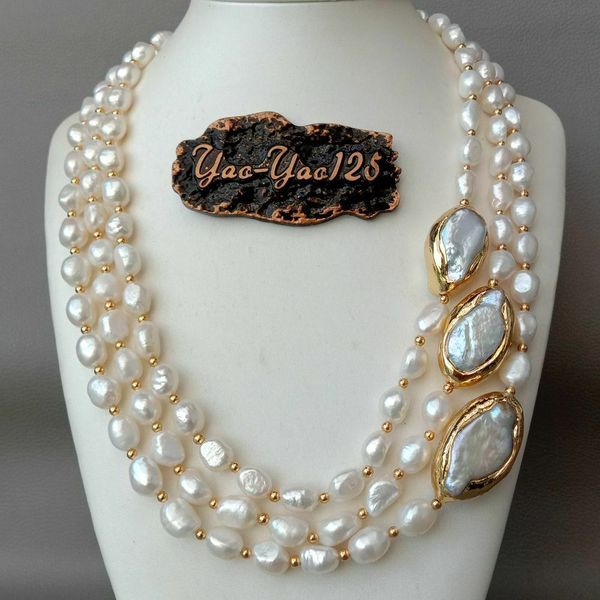 

20" 3 strands cultured baroque pearl necklace keshi pearl golden plated connector y200918, Silver