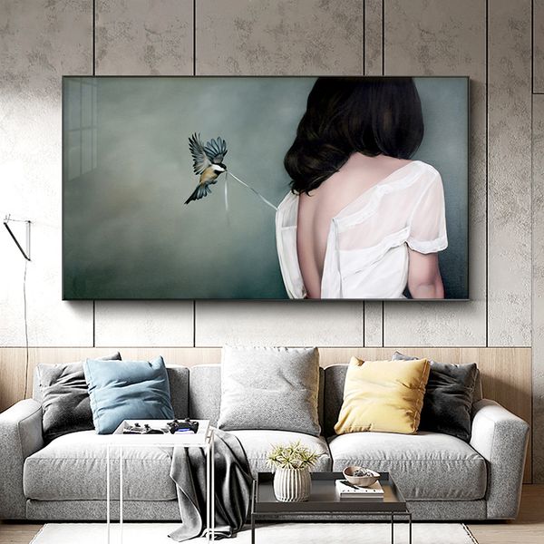 

healing beauty figures back view birds canvas art painting for living room home decor (no frame