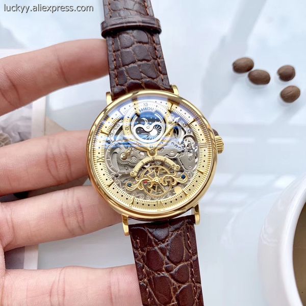 

wristwatches skeleton automatic watch men sun moon phase two place time mens tourbillon mechanical steel watches a72, Slivery;brown