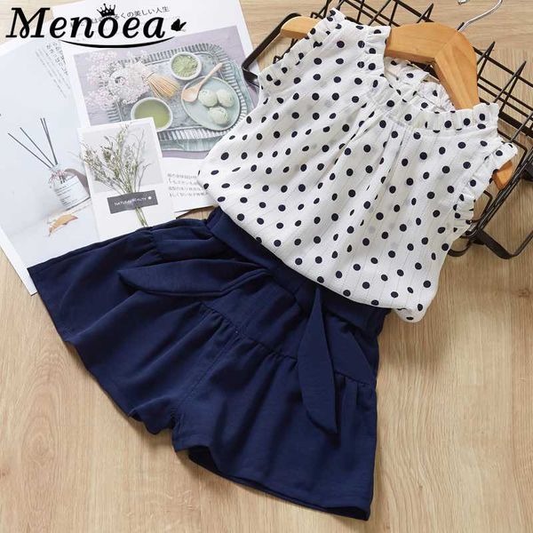 

menoea 2020 children dots pattern shirt and solid color short pants clothes sets 2pcs kids girl clothes suits, White
