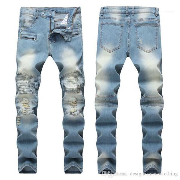 

long distrressed jeans fashion male clothing designer fold light blue straight trousers mens modern slim