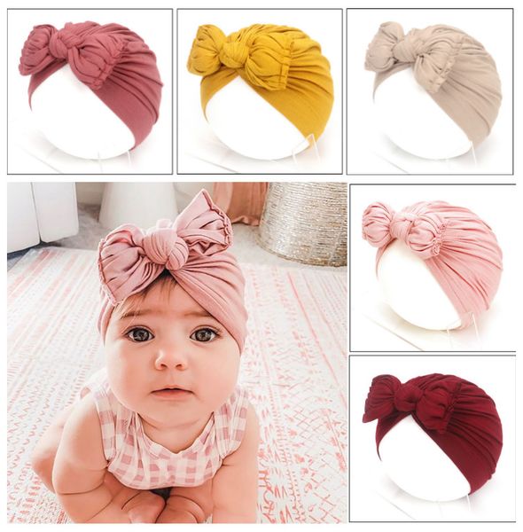 

ins selling baby rabbit ear headgear infant bow knotted indian hat children pleated bow headscarf hat solid pure color infant caps, Yellow