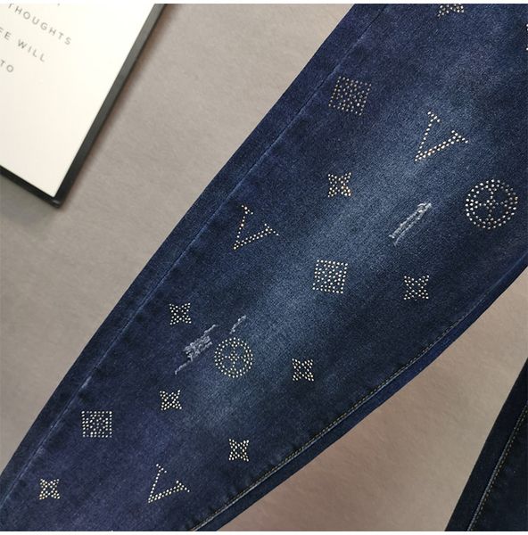 

jeans women's trendy spring/summer 2020 new european station heavy industry rhinestone tassel loose ripped straight cropped pants 00022, Blue