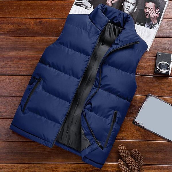 

m-5xl men' sleeveless vest jackets winter fashion male solid color sleeveless vest jacket stand collar thick warm waistcoat, Black