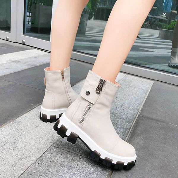 

genuine leather women thick high heels platform ankle boots casual motorcycle shoes woman black beige spring autumn boots