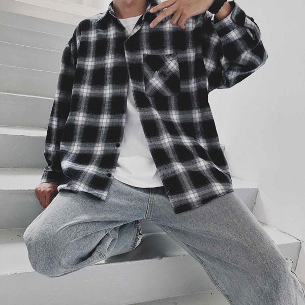

new mens plaid shirts fashion autumn shirt jacket for men long sleeves casual streetwear shirts black color clothing, White;black