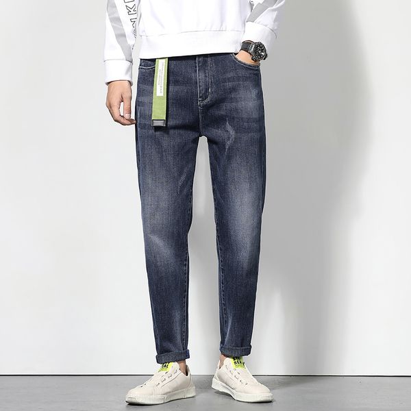 

2020 autumn new trendy br white old jeans and jeansclothing jeanswear and color contrast trendy belt loose large size fat men's jeans l, Blue