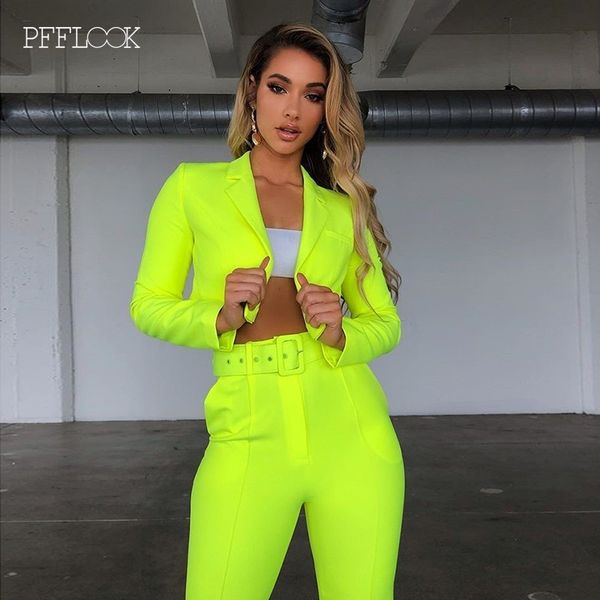 

pfflook summer neon green two pieces set women 2020 long sleeve suit crop casual women blet tracksuit and pants set lady, Black;white
