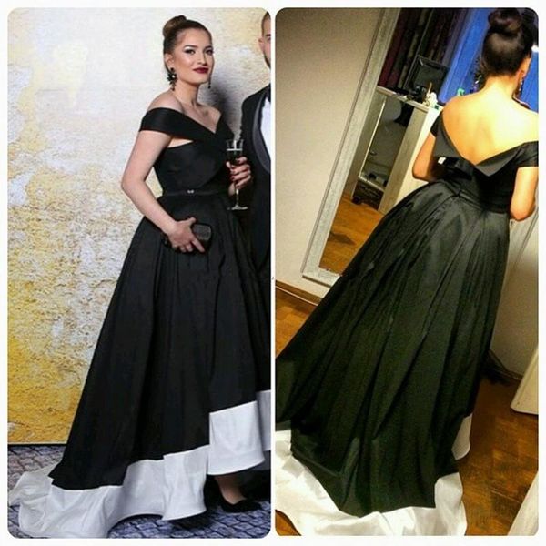 

setwell off the shoulder a-line evening dresses sleeveless black and white floor length prom party gowns, Black;red