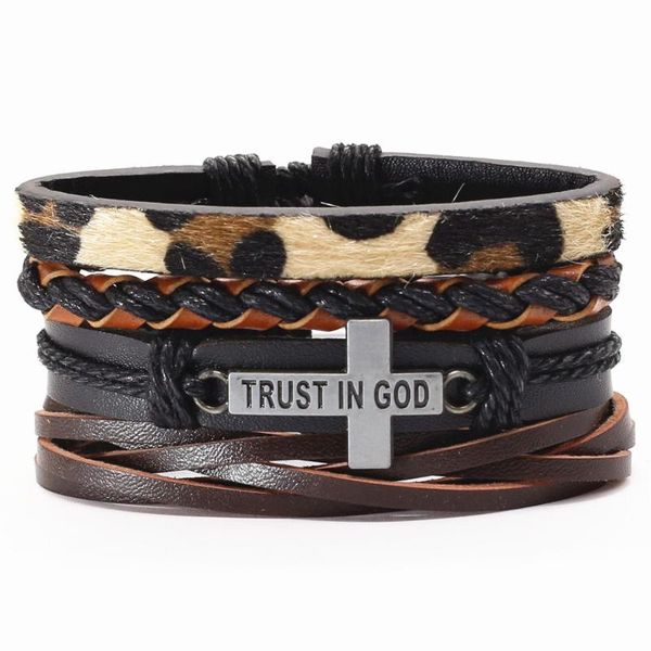 

trust in god cross charm black brown leopard print leather men bracelets for women wood beads wrap bangle homme jewelry, Golden;silver