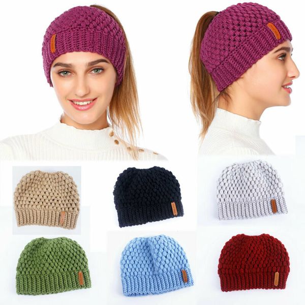 

new 2020 winter warm women beanie tail messy bun hat stretchy knitted cap, Blue;gray