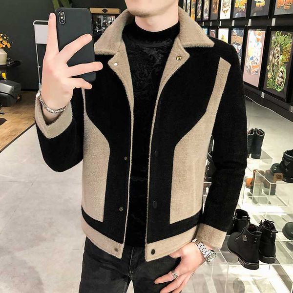 

men's wool & blends 2021 splicing winter woolen jackets men korean thicker casual trench coats steetwear windbreaker outwear gentleman, Black