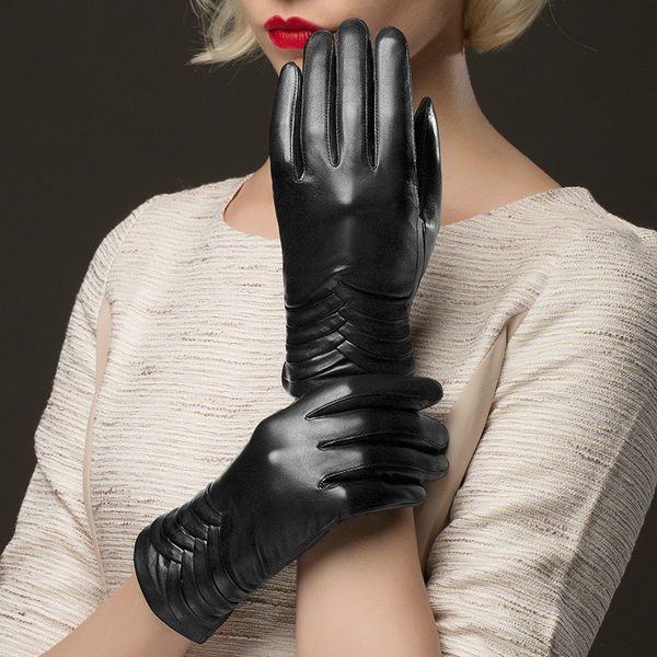 

autumn winter genuine leather women gloves female sheepskin warm cold protection black mittens ladies driving hand muff h3229, Blue;gray
