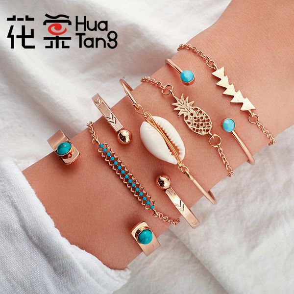 

charm bracelets huatang 7pcs/sets summer shell for women multilayer metal pineapple geometric open bangle female beach jewelry 9628, Golden;silver