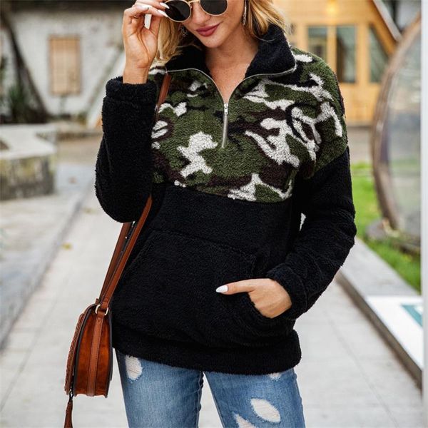 

3color fleece sweater fashion camo patchwork fluffy thick sweaters warm zipper pullovers women winter clothes coat sherpa, White;black