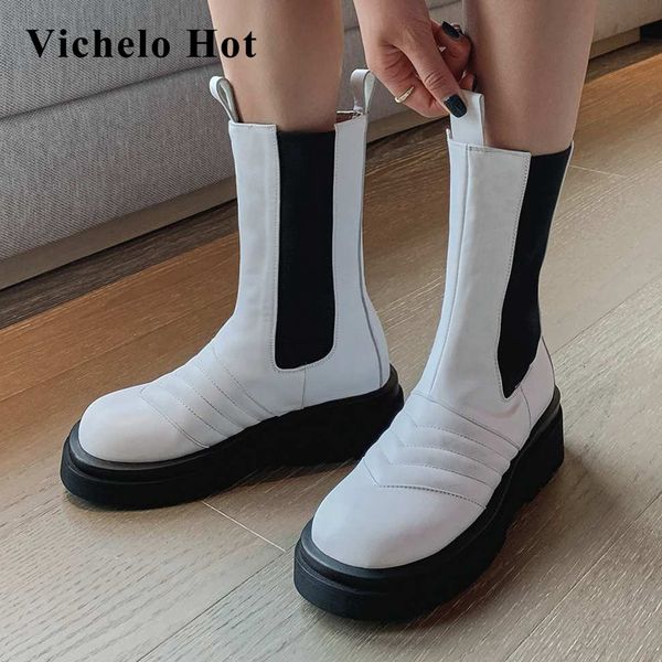 

vichelo горячие натуральная кожа высокой моды полосатый круглый носок туфли на высоких каблуках толстым дном handmade все-матч девичьи серед, Black