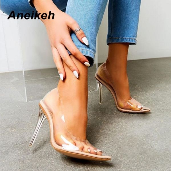 

aneikeh 2020 concise fashion pvc woman transparent sandals thin high heels shoes pointed toe pumps slip on solid size 35-42 y200620, Black