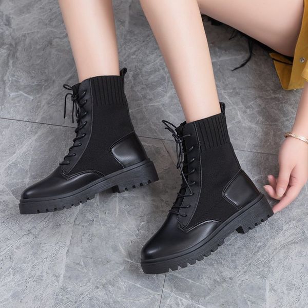 

black boots leather platform shoes for woman autumn winter fashion warm shoes ankle boots women flat sock booties woman flats