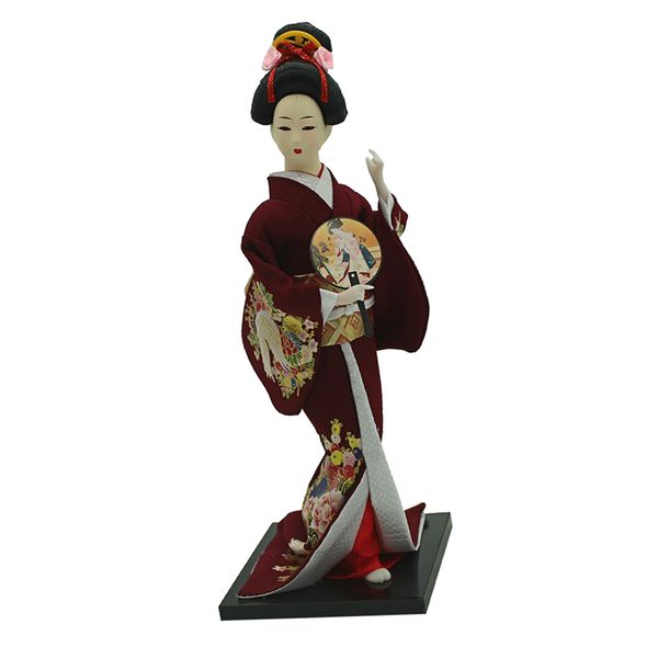 

12inch japanese geisha lady doll with wine red kimono ornament collectible