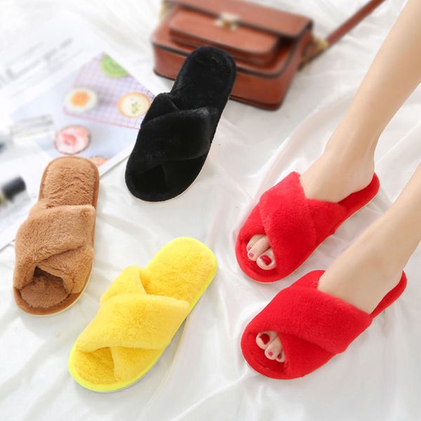 

wool slippers autumn winter non slip indoor comfort warmth plush home hairy shoes women's slippers black red brown bedroom shoes
