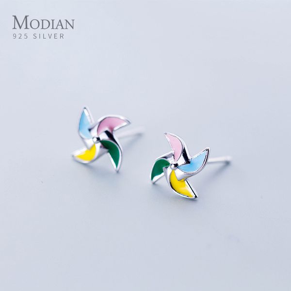 

stud modian exquisite multicolor enamel lucky windmill fashion earrings for women 100% 925 sterling silver fine female jewelry, Golden;silver