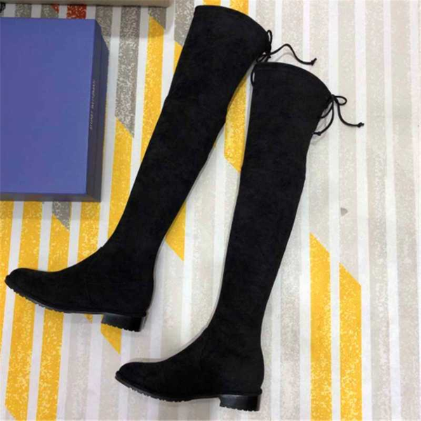 

bandage suede boots thick mid-heel stretch boots sleeve thin over the knee long round toe women's shoes, Black