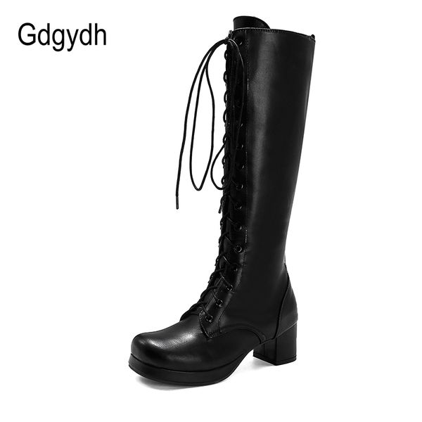 

gdgydh 2020 осень lace-up женщины motorcycle boots площади к низкому каблуки колено высокие сапоги зима женский footwears plus большой разме, Black