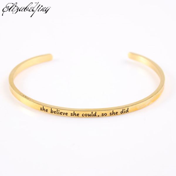 

she believe she could,so did 316l stainless steel rose gold bar bangle inspirational quote cuff mantra bracelet, Black