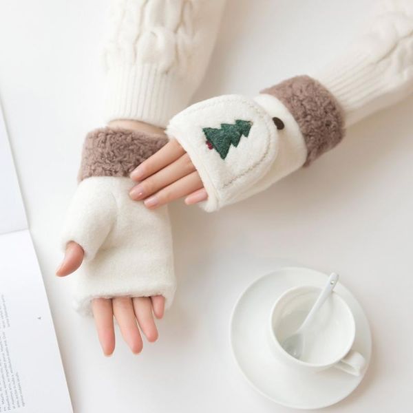 

2020 new ladies winter half finger gloves cartoon thick plush gloves women' winter half finger cartoon thick plush #30, Blue;gray