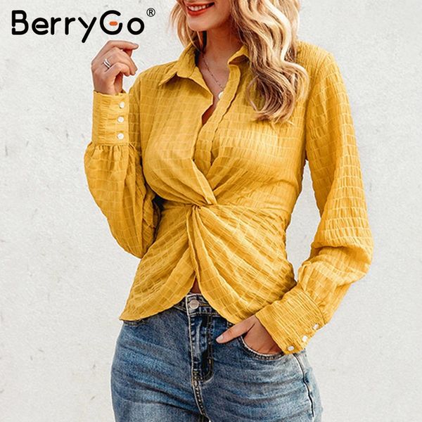 

berrygo casual long sleeve twisted autumn female blouse shirt high waist women plaid blouse elegant slim office ladies 2020, White