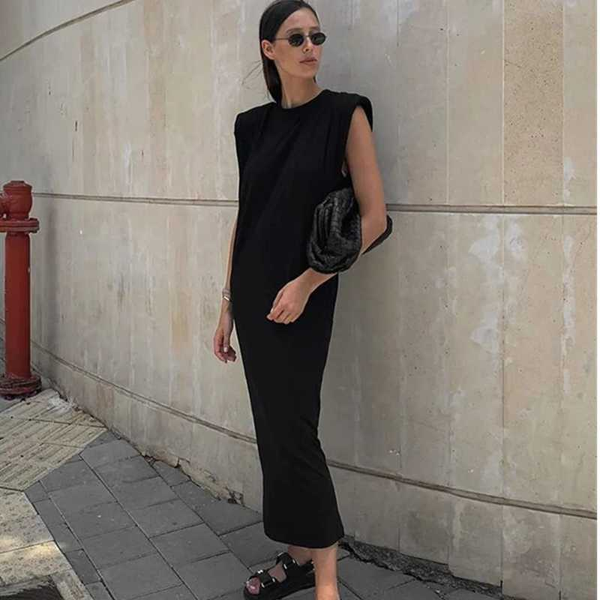 

women slim sleeveless basic long dress solid straight back split female shoulder pads black elegant maxi dresses robe sundress, Black;gray