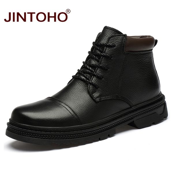 

boots jintoho winter men genuine leather shoes fashion black mens ankle warm work snow