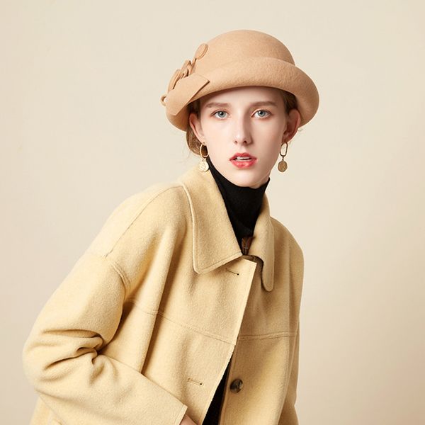 

stingy brim hats k86 ladies dome hat 2021 autumn and winter wool curled small basin cap fashionable elegant flower felt, Blue;gray