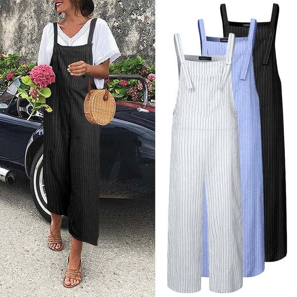 

celmia women fashion striped long jumpsuits 2020 summer romperssleeveless vintage casual wide leg pants loose dungarees, Black;white