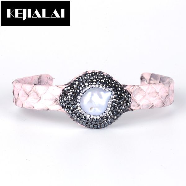 

bangle kejialai bohemian style pattern leather shell fashion jewelry fresh water pearl charm with rhinestone women gift, Black