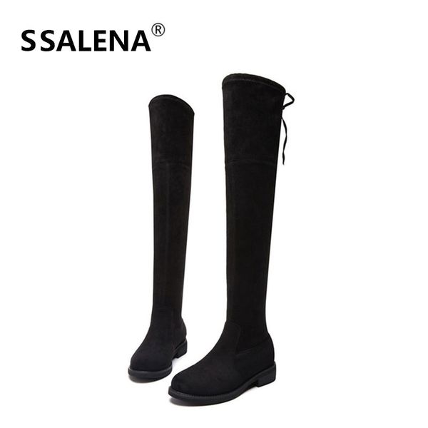

boots women square low heel over the knee female flock fashion slim ladies classic round toe shoes 60735, Black