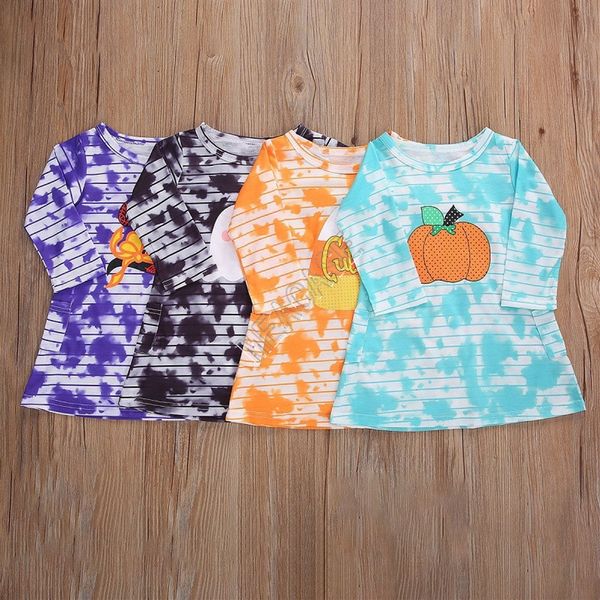 

дети девушки с длинным рукавом платья halloween тыква полосатый tie dye t shirt one piece платье дети halloween party dress одежда d91606, Black;gray