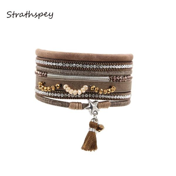 

tennis strathspey multilayer leather bracelets women crystal tassel fashion magnetic pentagram bangles bohemian jewelry beads, Golden;silver
