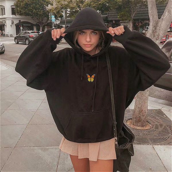 

women's hoodies & sweatshirts women long sleeve autumn winter butterfly embroidery casual loose pullovers hooded sweatshirt, Black