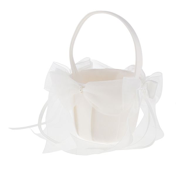 

beige satin flower girls basket with large organza bows ribbons 21x22cm
