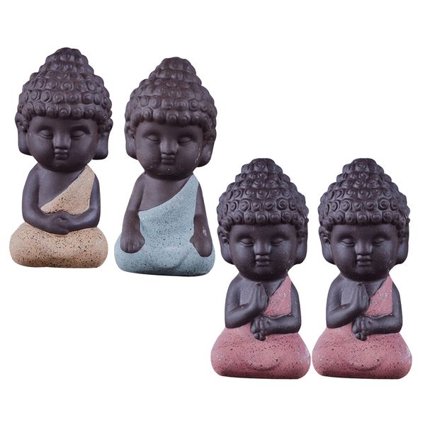 

4 pieces tea tray decor - little monk buddha ceramic statues holder tea pet