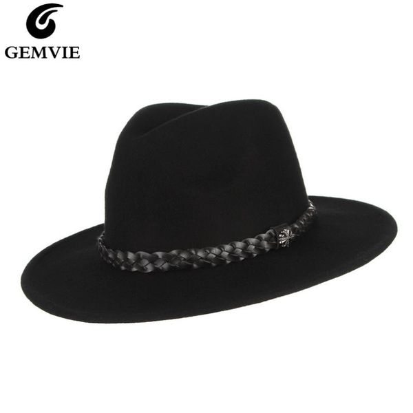 

gemvie широкий плоский stiff твердая брим 100% шерсть войлок fedora black hat для женщин / мужчин кожа ленты осень зима панама джаз cap, Blue;gray