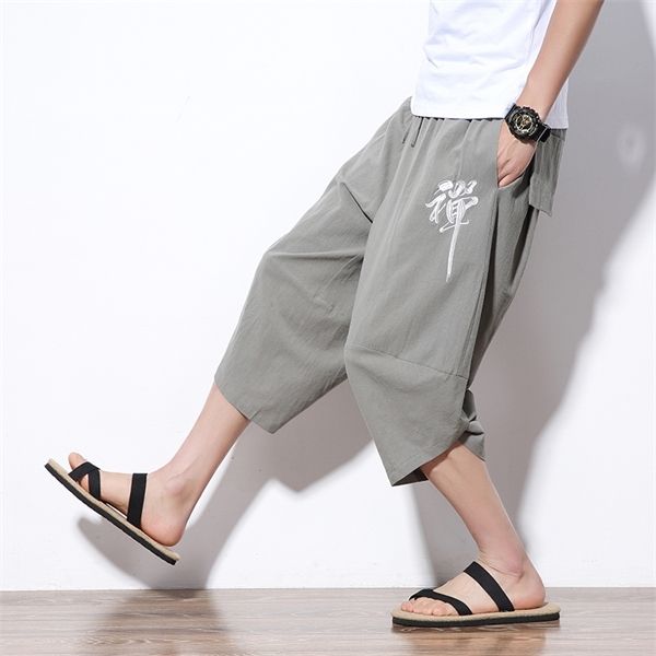 

chinese style calf-length harem pants men streetwear cotton joggers men casual embroidery baggy pants men, Black