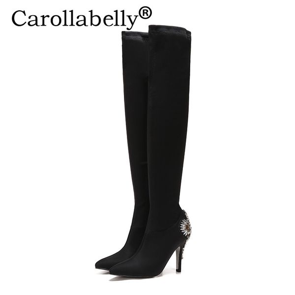 

carollabelly high heel women rhinestone heel boots autumn winter over the knee black boots for women flock party shoes