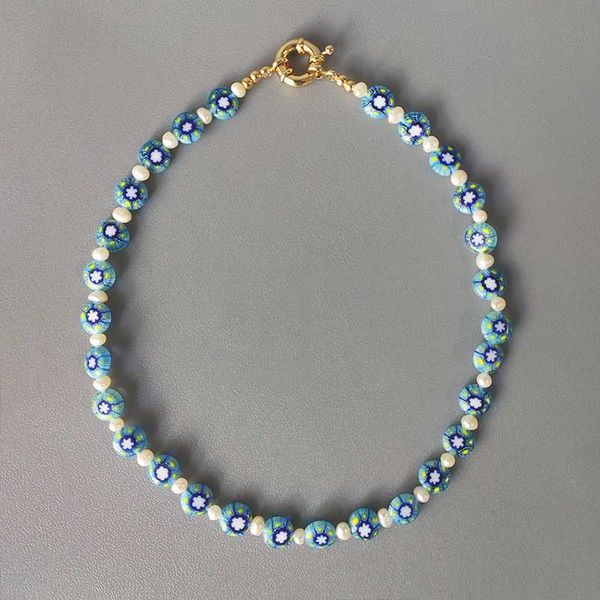 

women bohemian blue flower pattern beads beaded necklace freshwater pearl stitching design fashion charm neck accessories 2020, Golden;silver