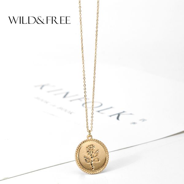 

wild&gold alloy round pendant necklace for women simple female long chain coin necklace flower collier 2020 wholesale, Silver