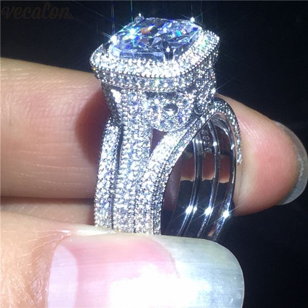 

Vecalon Luxury Vintage 3-in-1 ring Set 925 Sterling Silver Diamonds Cz Engagement wedding band rings For women Party Finger Jewelry